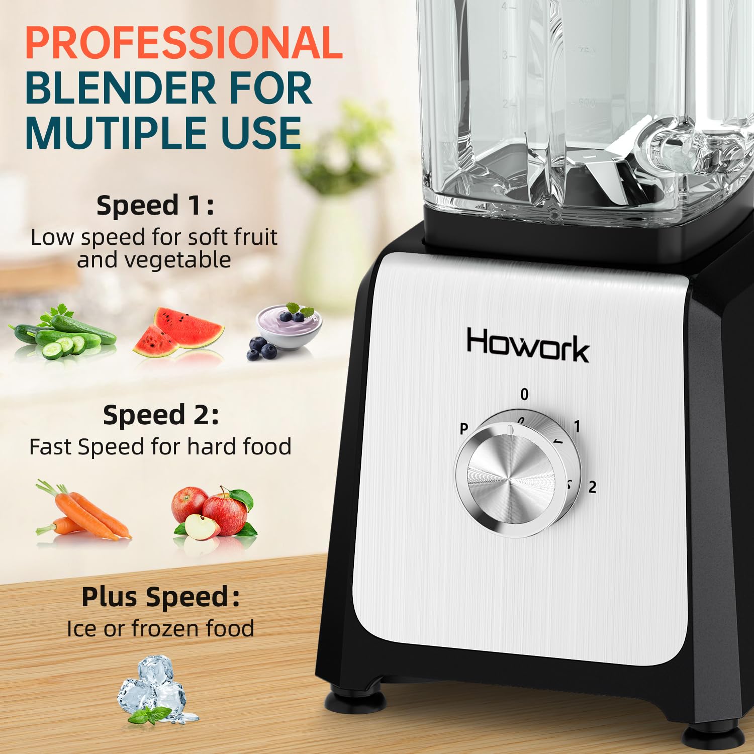 HOWORK Blender for Smoothies, 750W Personal Blender, 56 Oz Glass Jar, 16oz Portable Cups,2+p speed, 3 Functions for Smoothies, Frozen Drinks & Ice Cream,Black
