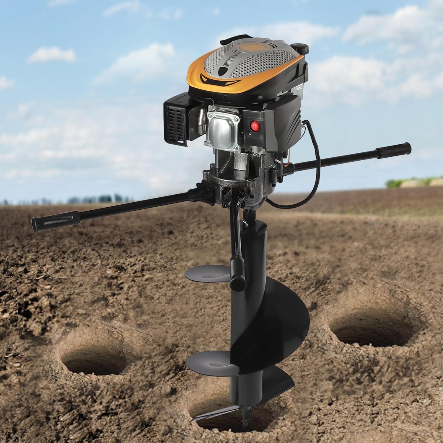 223CC Post Hole Digger 4-Stroke Gas-Powered Earth Post Hole Digger with Ergonomic Handle Design 9HP Two Man Earth Auger Easy to Install Fence Posts, Trees, Shrubs, Utility Poles