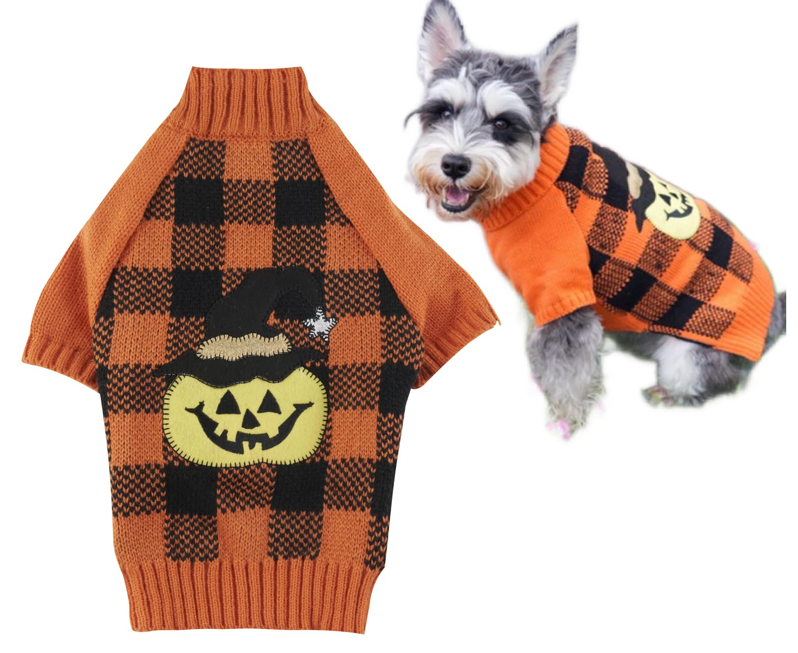 Lanyarco Orange Black Plaid Halloween Dog Sweater, Fall Thanksgiving Pet Costume Pumpkin Dog Sweaters for Dogs Male Female Girl, Medium M Size 14"