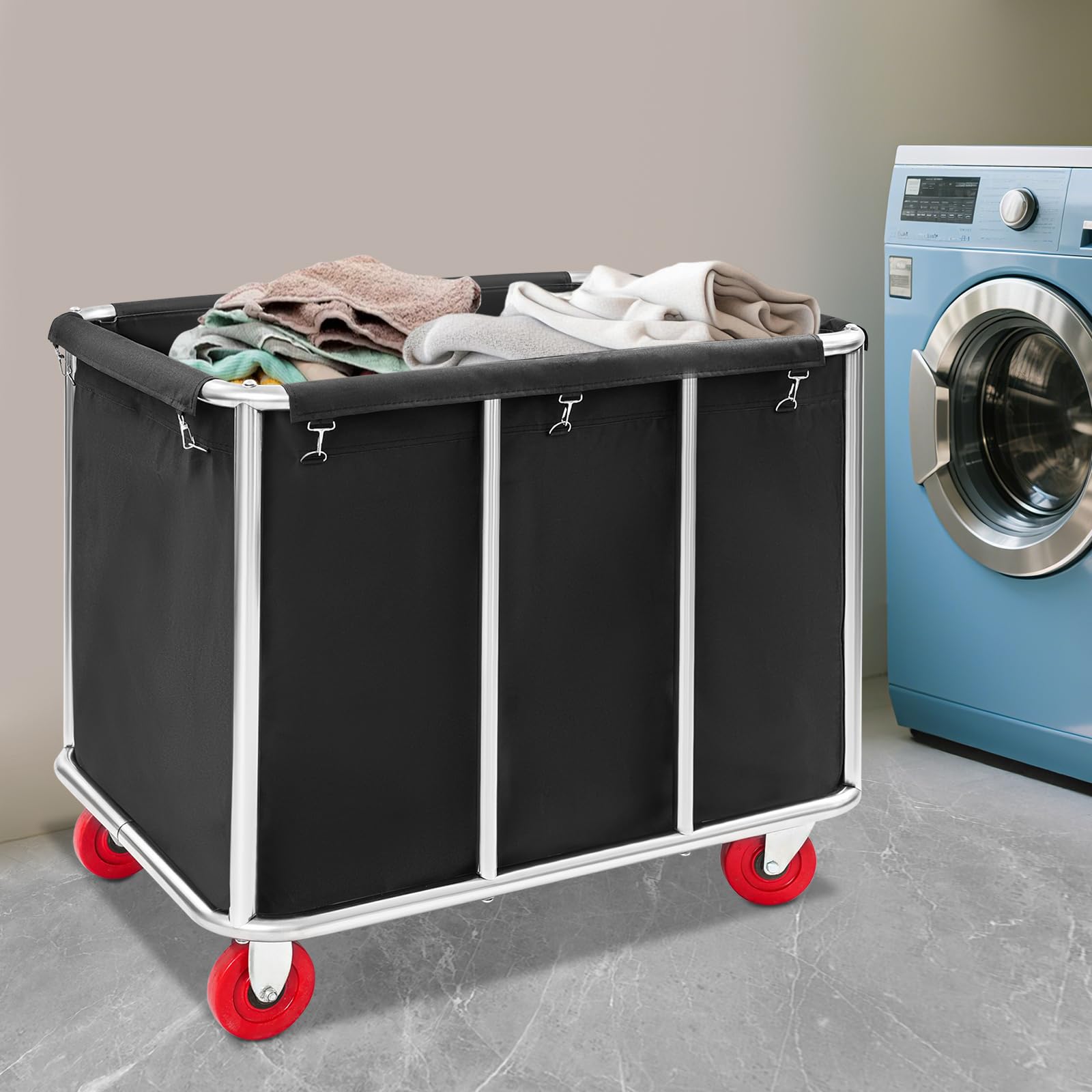 Chariot à linge en acier inoxydable avec roulettes, panier à linge commercial, capacité de charge jusqu'à 200 kg, 90 x 65 x 80 cm (noir)