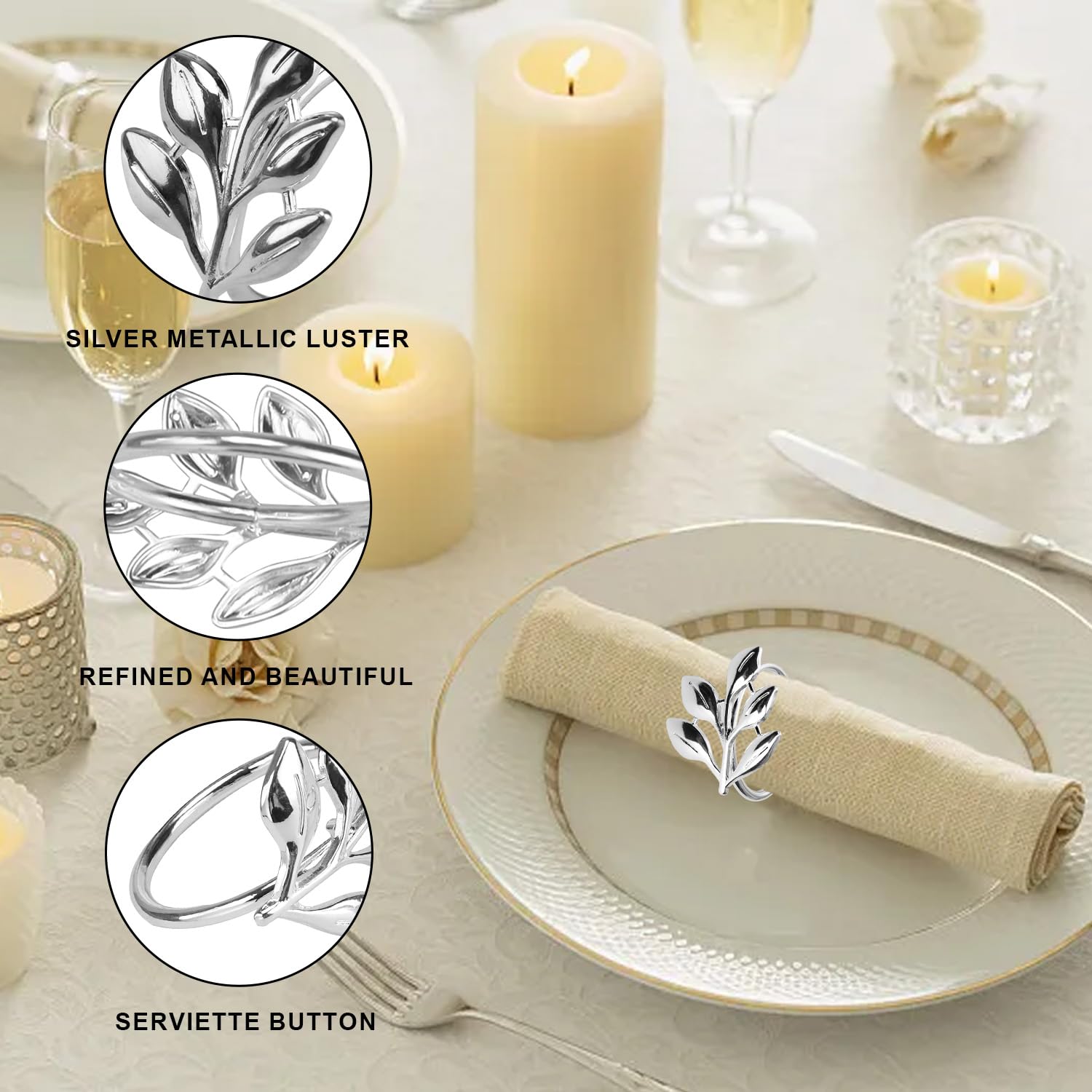 Anelli Portatovagliolo In Metallo Argentato - 12 Pezzi Con Design A Foglia Per Tavola, Matrimoni, Feste - Foto 4