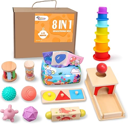 Juguetes Montessori para bebés de 6 a 12 meses, 1 año de edad, 8 en 1 juguete sensorial para bebés de 12 a 18 meses, juguetes educativos de madera