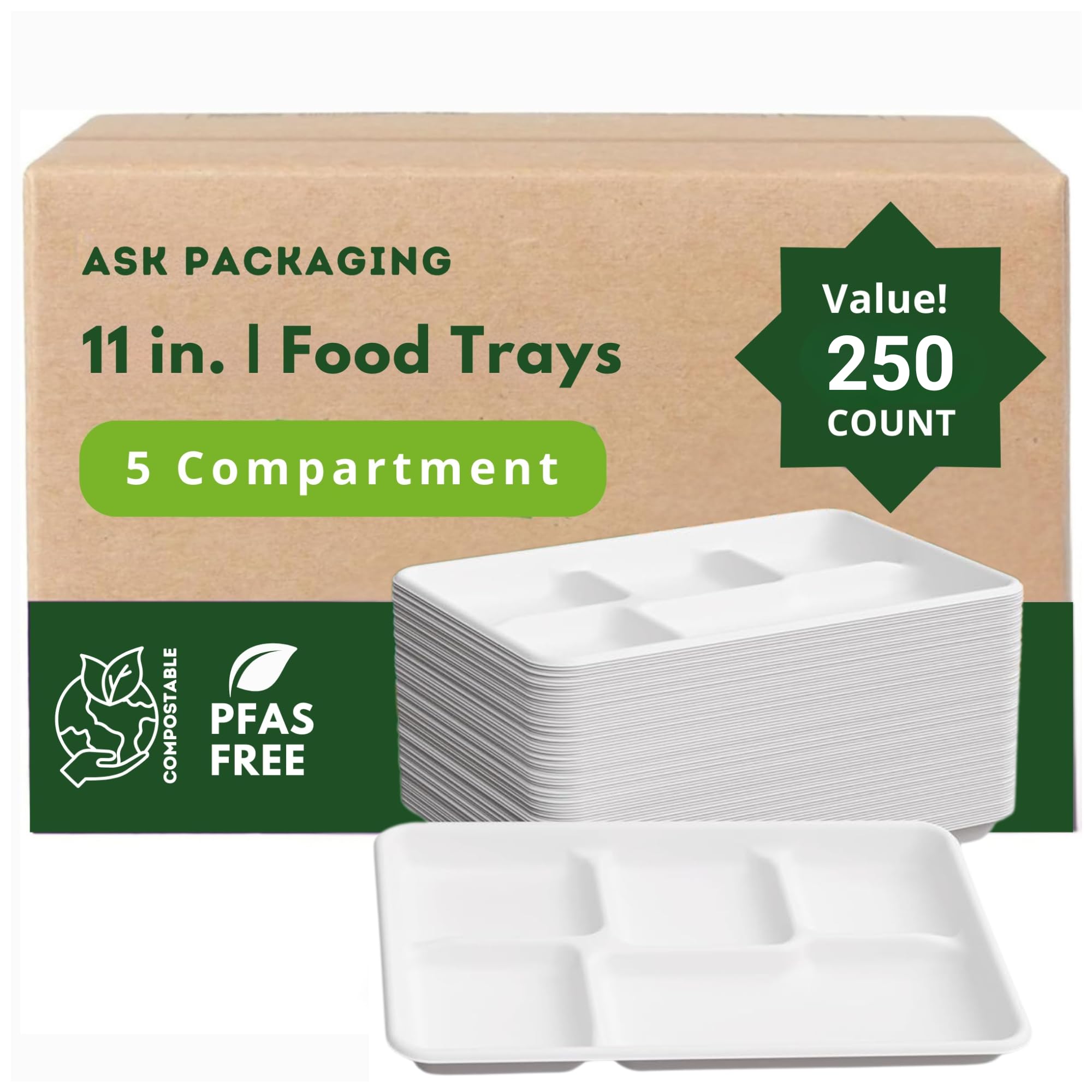 Disposable 5 Compartment Bagasse Plates (11 x 9 inch, 250 Pack) – Heavy Duty Biodegradable Meal Trays | Compostable Paper Plates, Eco-Friendly Food-Safe Divided Tray for Parties Lunch Catering