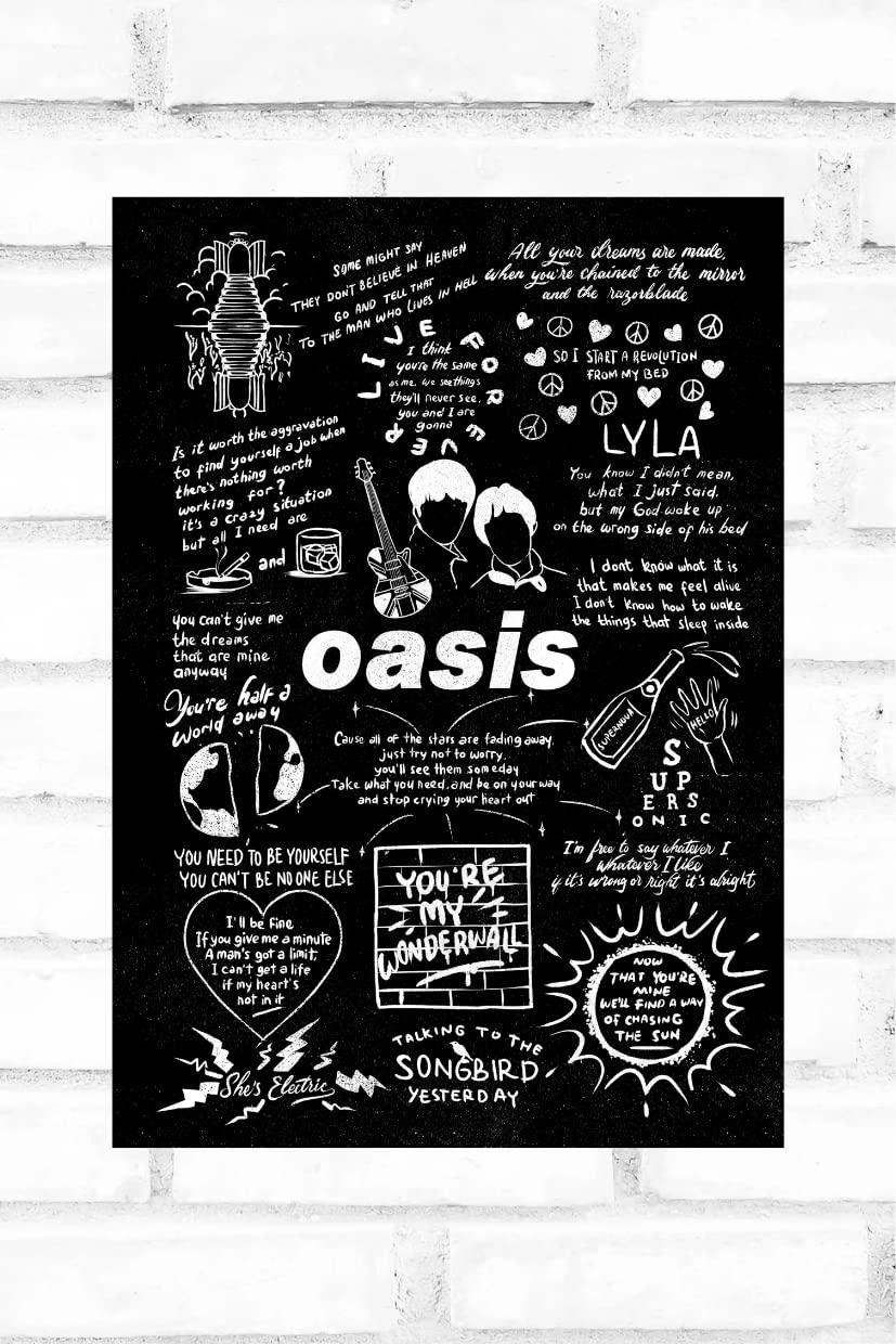 HewsonOasis Doodle Lyric Poster - Oasis Artwork Gift for Fan - A4, Black Chalkboard