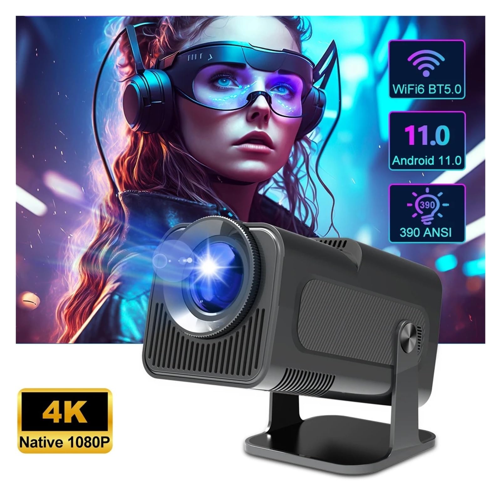 Projektor 4K WiFi6 390ANSI BT5.0 1920 * 1080P Zewnętrzny Przenośny StwóRz Atmosferę(HY320-Grey)