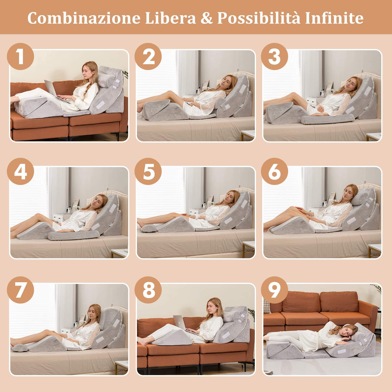 COSTWAY Set di 4/6 Cuscini Regolabili a Cuneo, Cuscino a Cuneo per Letto in Memory Foam, per Alleviare il Dolore alla Schiena Collo e alle Gambe, Poggiatesta Rimovibile, Grigio (6 Pezzi)
