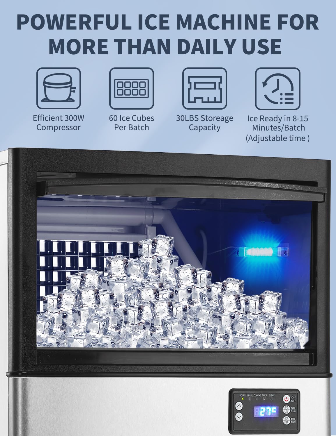 Commercial Ice Maker Machine with 130 Lbs Daily Output - 30 Lbs Storage, Timer, Auto-Cleaning & Blue Light, Fast Ice Making in 5-15 Mins, Freestanding Ice Machine w/Filter for RV, Coffee Shop and Bar