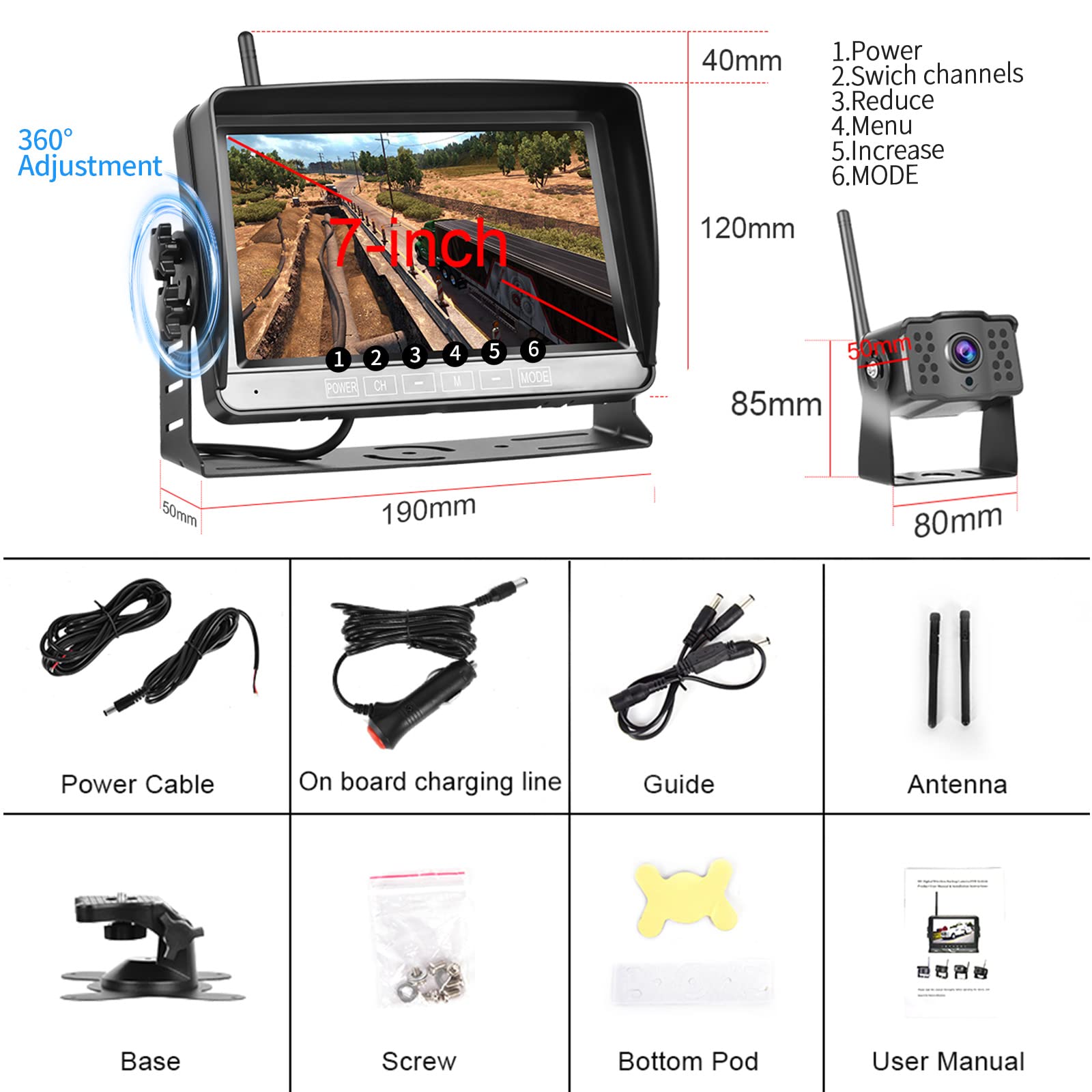 Telecamera Posteriore Wireless, DVR Monitor LCD da 7 pollici, Registrazione Video Telecamera per Retromarcia Sistema- Visione Notturna Impermeabile IP69, 12V-36V per Auto/Rimorchio/Bus/Camion/Camper