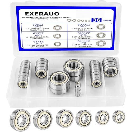 36Pcs Ball Bearings Kit-608ZZ 623ZZ 627ZZ 6000ZZ 6903ZZ 6203ZZ, Bearing Steel, Double Metal Shielded Deep Groove Bearings for 3D Printer, Skateboards