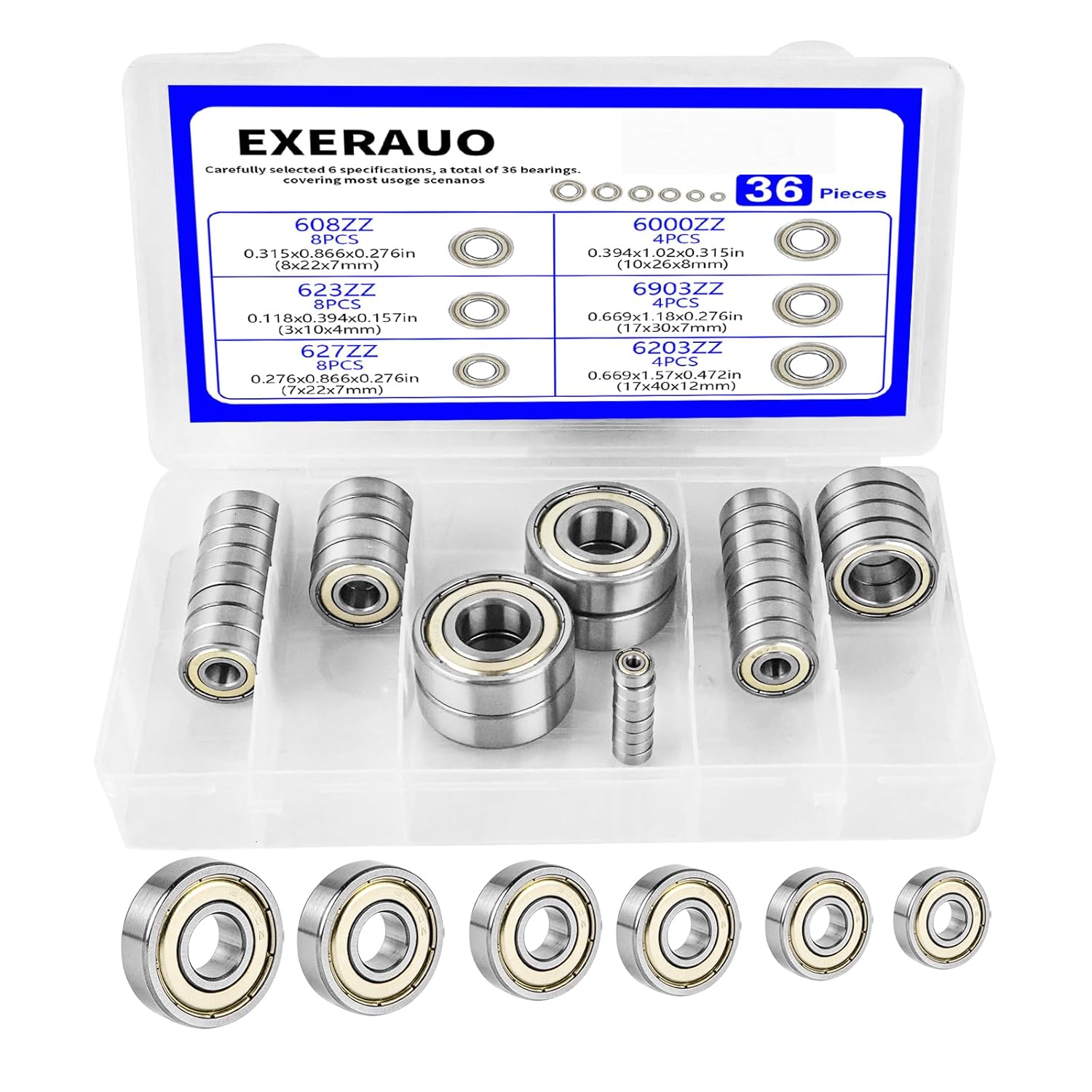 EXERAUO 36Pcs Ball Bearings Kit: 608ZZ 623ZZ 627ZZ 6000ZZ 6903ZZ 6203ZZ Double Metal Shielded Deep Groove Bearings for 3D Printers Skateboards