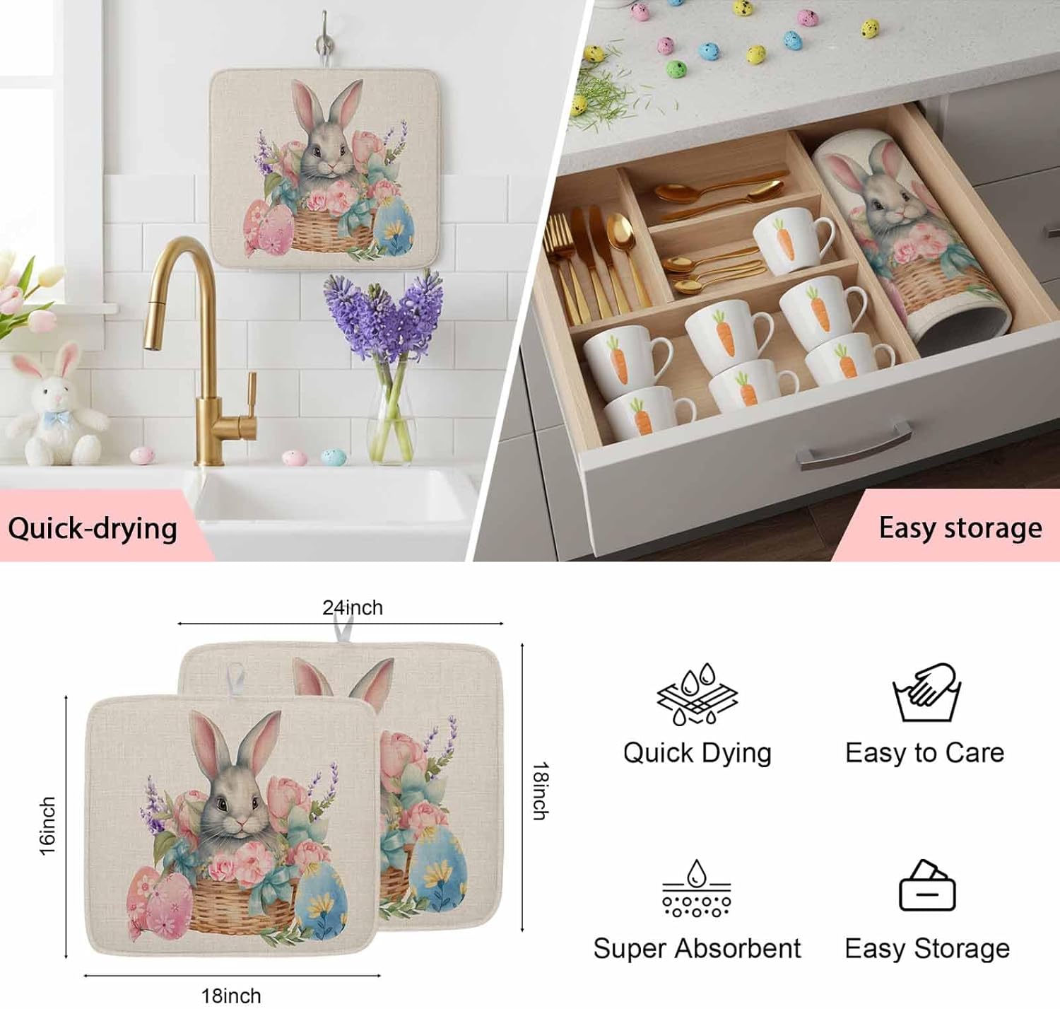 Absorbent Dish Drying Mat for Kitchen Counter,Easter Egg Cute Bunny on Basket Microfiber Quick Dry Pad Dishes Drainer Rack Mats for Under Sink Utensils 18x24in,2 Pack,Colorful Flower on Burlap