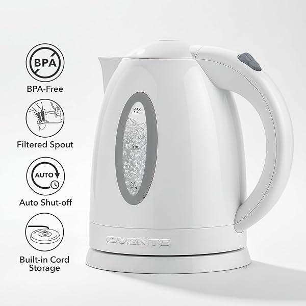 OVENTE OVENTE Electric Kettle, 1.7L Fast Boiling Water Heater for Coffee or Tea, BPA Free with Water Level Gauge, Auto Shut-Off, Boil-Dry Protection, Indicator Light and Removable Filter, White KP72W in use