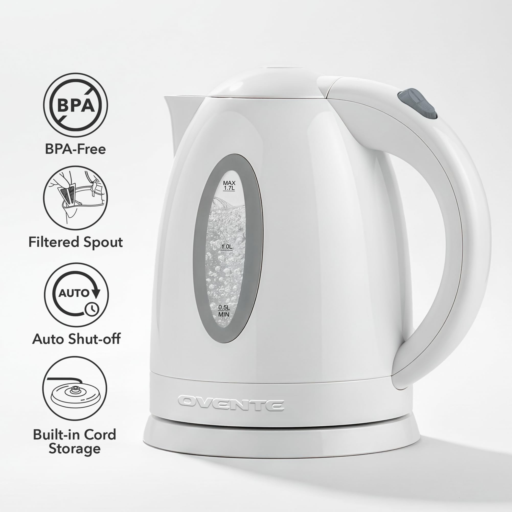 OVENTE OVENTE Electric Kettle, 1.7L Fast Boiling Water Heater for Coffee or Tea, BPA Free with Water Level Gauge, Auto Shut-Off, Boil-Dry Protection, Indicator Light and Removable Filter, White KP72W in use
