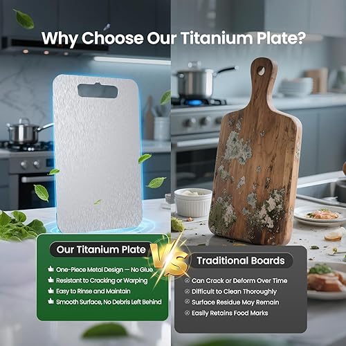 Miniatura 4 de Juego de 3 tablas de cortar de titanio (S+M+L), tablas de cortar de cocina de titanio 100% puro, tabla de cortar y servir de doble cara para carne,