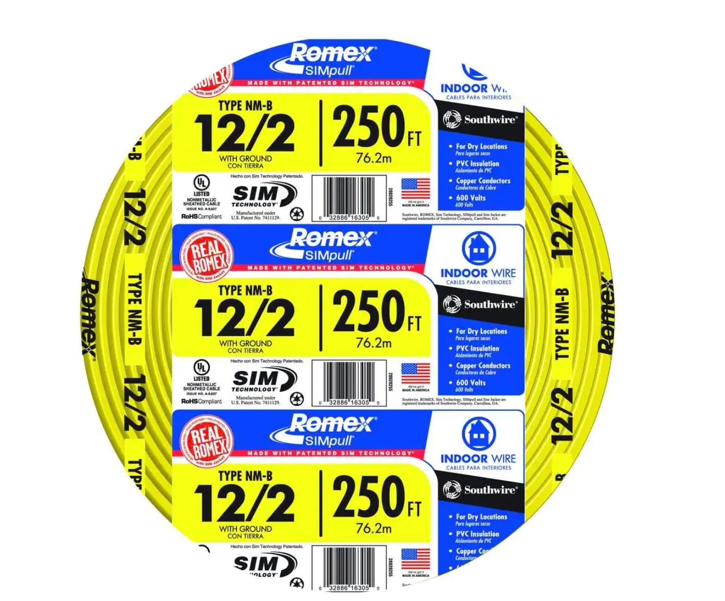 Southwire Romex Brand Simpull Solid Indoor 12/2 W/G NMB Cable 100ft coil - SW# 28828228