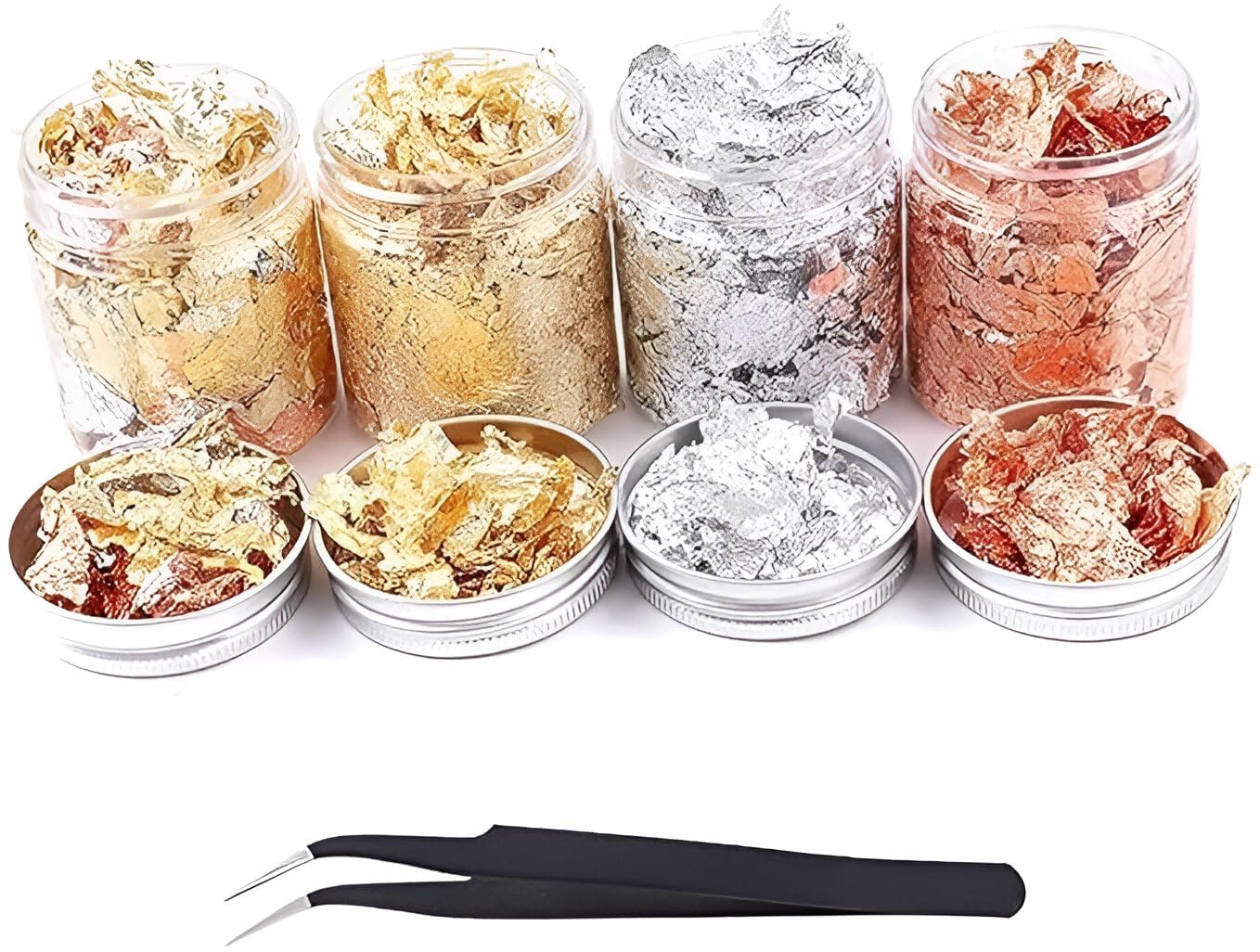 A.S.K [28g] 4 Bottle Gold Flakes 2Gold, 1Silver, 1Copper Flakes, for Resin, Imitation Gold Foil Flakes, with tweezer for Decoration, Painting Arts, Nail Art, DIY Crafts etc.
