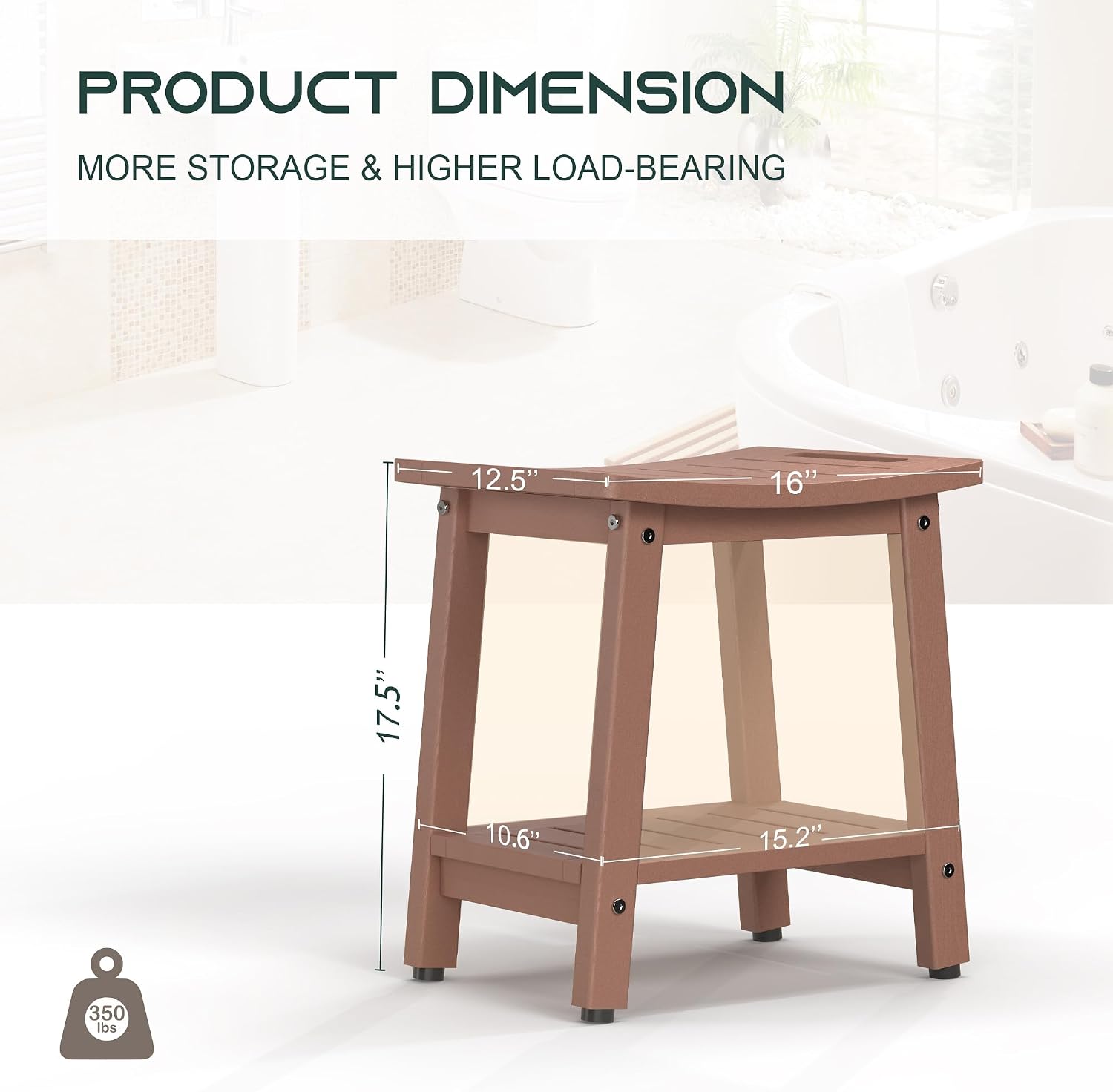 Shower Bench for Inside Shower, Teak Brown HDPE Shower Stool Waterproof, Spa Bathroom Seat Chair with Handle, Storage Shelf & Adjustable Feet - Indoor/Outdoor, Weather Resistant