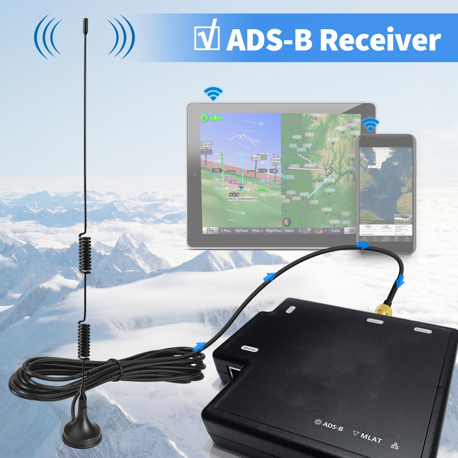 Bingfu Antenna RTL SDR Bibanda 978MHz 1090MHz 7dBi Base Magnetica SMA Maschio MCX per Ricevitore ADS-B Aviazione Radio Definito Software RTL SDR Ricevitore Sintonizzatore Dongle USB Stick