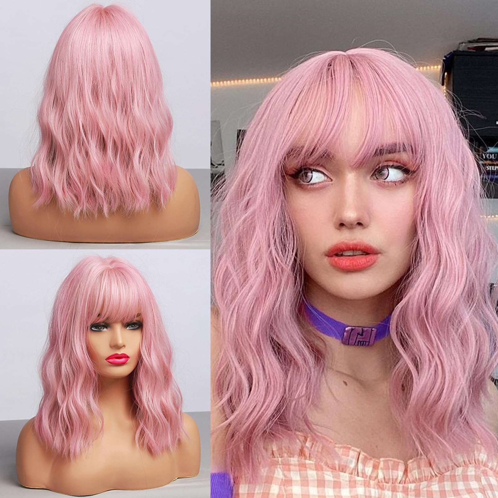 GittoovoPastel Wavy Wig, Women's Short Bob Purple Pink Wig Curly Wavy Shoulder Length Synthetic Cosplay Colorful Wigs for Girls Women, 12"