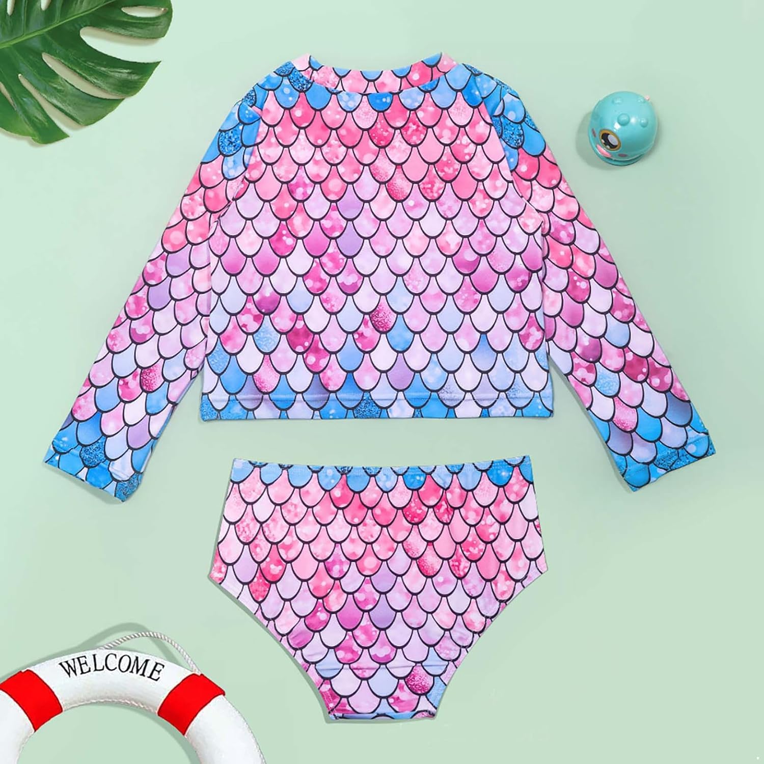 Baby Girls Swimsuit 2 Piece Rash Guard Set UPF 50+ Sun Protection Kids Long Sleeve Fish Scale Bathing Suit