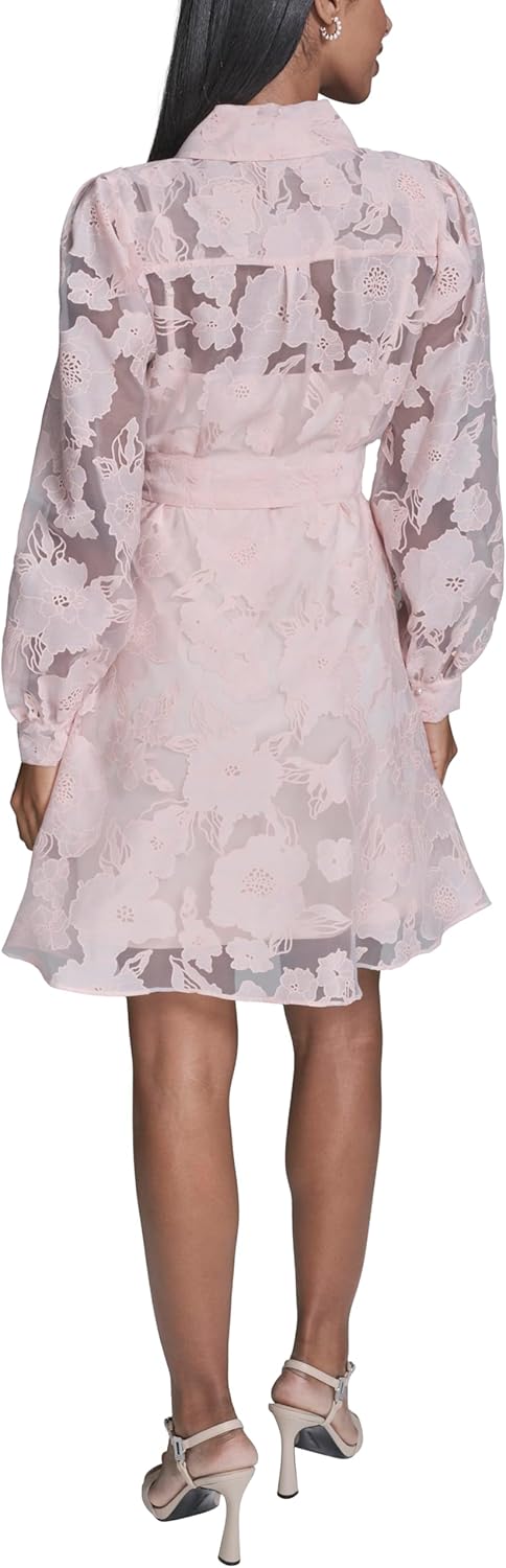 Karl Lagerfeld Women's Long Sleeve Collared Organza Overlay Belted Mini Dress