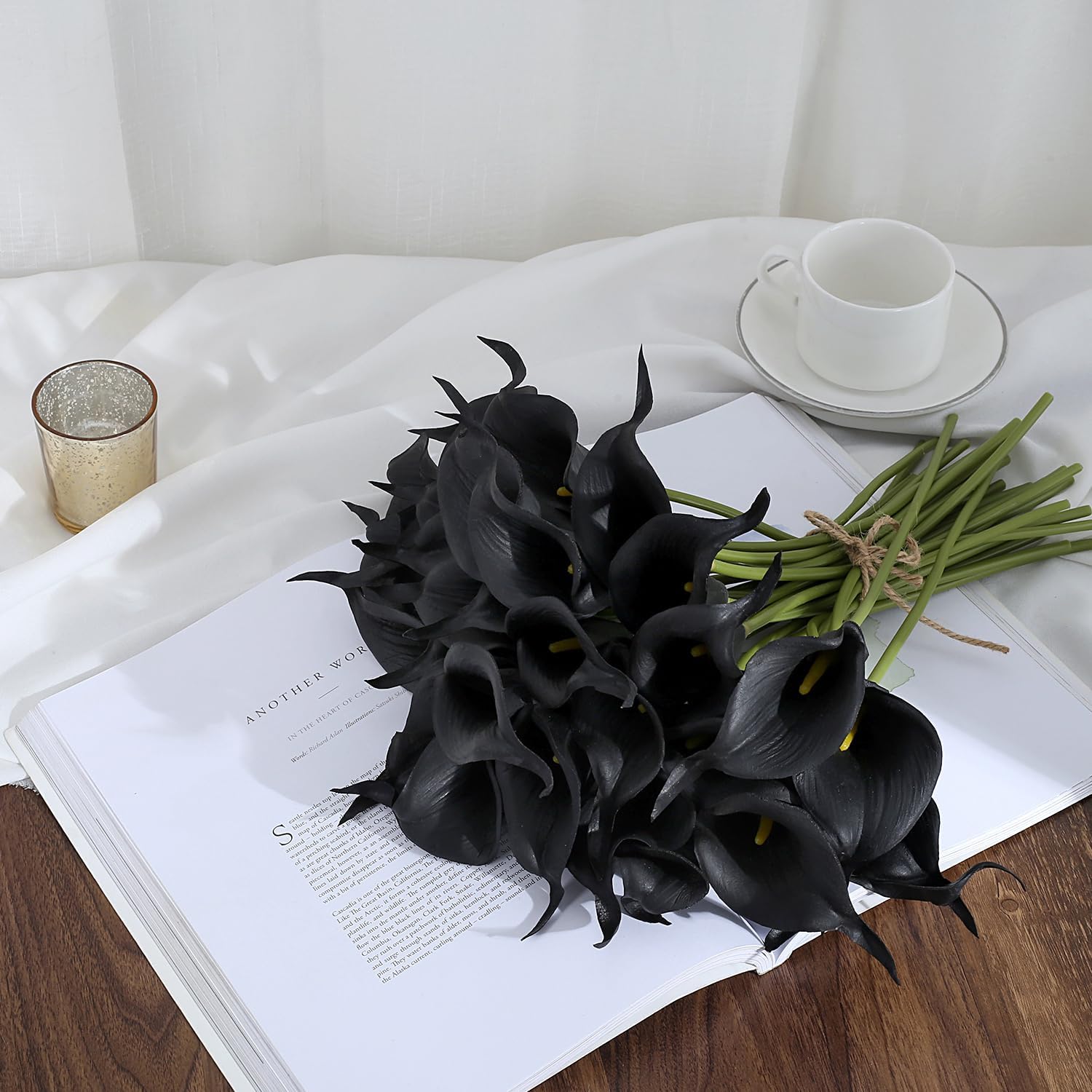 24 Pcs Black Artificial Calla Lily Flowers Fake Black Silk Flowers Real Touch for Wedding Bouquet Office Home Kitchen Decor