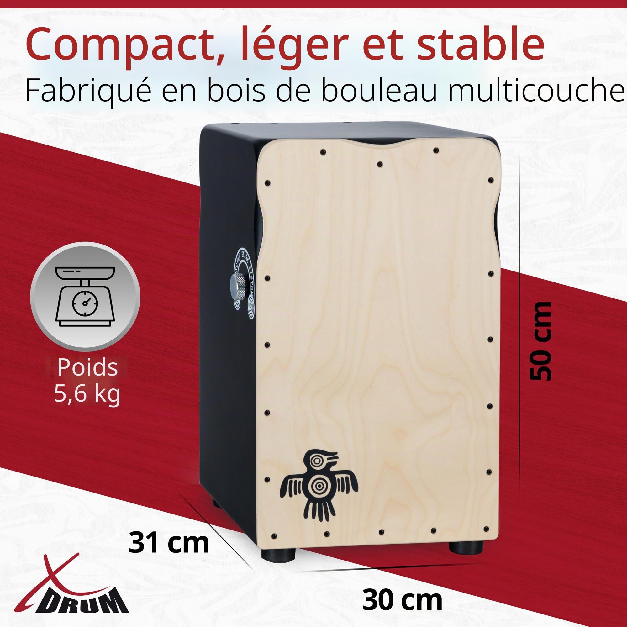 XDrum Pro Cajon Peruana Ash, Plaque de frappe en frêne de 3 mm, 5 cm | Plaque de frappe en bouleau de 3 mm, Caisse en bouleau de 9 mm (7 plis), Plaques de frappe entièrement vissées, 5 cm, 6 kg