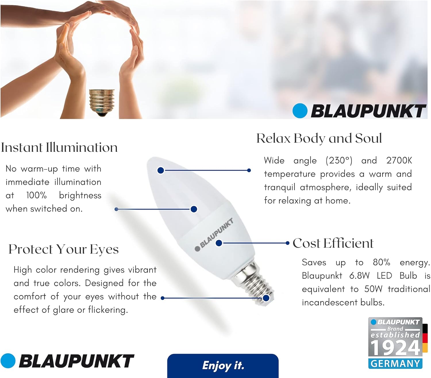 Blaupunkt LED E14 Light Bulb, Candle, Room Lighting, 7W, Small Edison Screw, Equivalent of 50W, Frosted, Warm White 2700K - Image 5