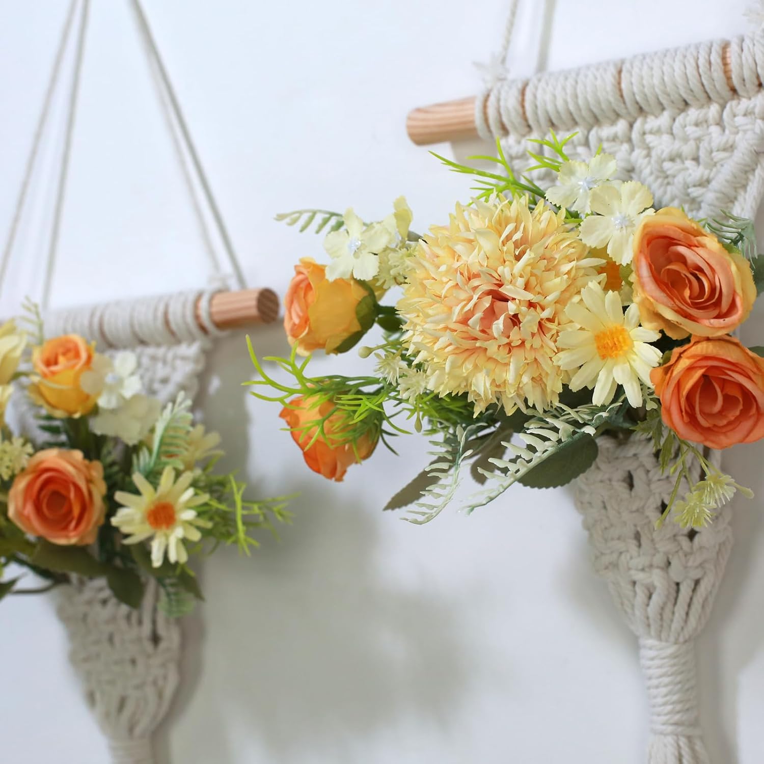 Macrame Wall Hanging, White Cotton Rope with Artificial Dahlia Flowers, 8x23 Inches, Handcrafted Boho Tapestry with LED Lights, Decorative Wall Art for Living Room, Bedroom (Banana Yellow)