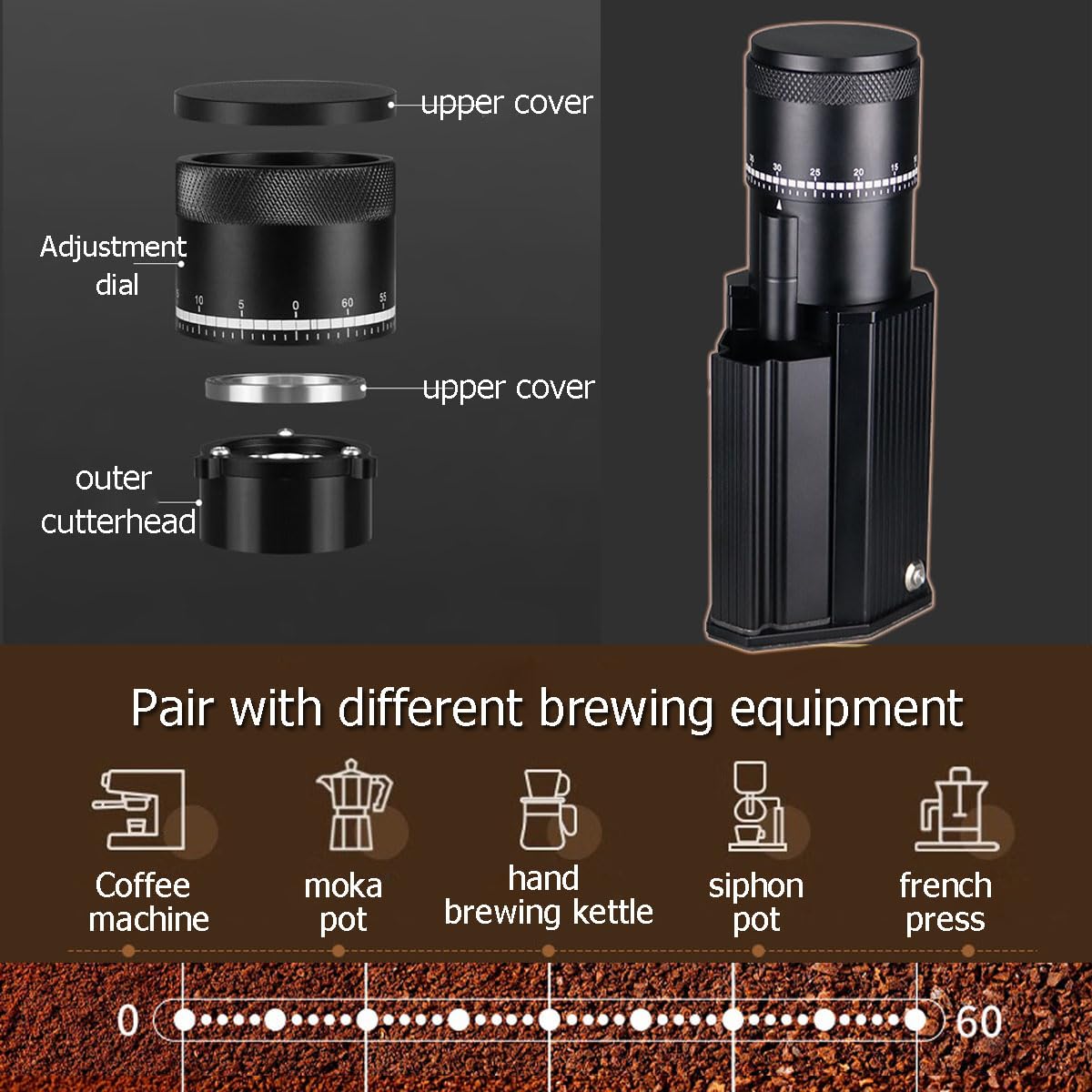 Molinillo de café eléctrico, molinillo de granos de café, ajuste de 0 a 60 puntos, con diseño magnético, cuerpo desmontable, arranque inteligente con un solo botón, para espresso/goteo/vertido/prensa