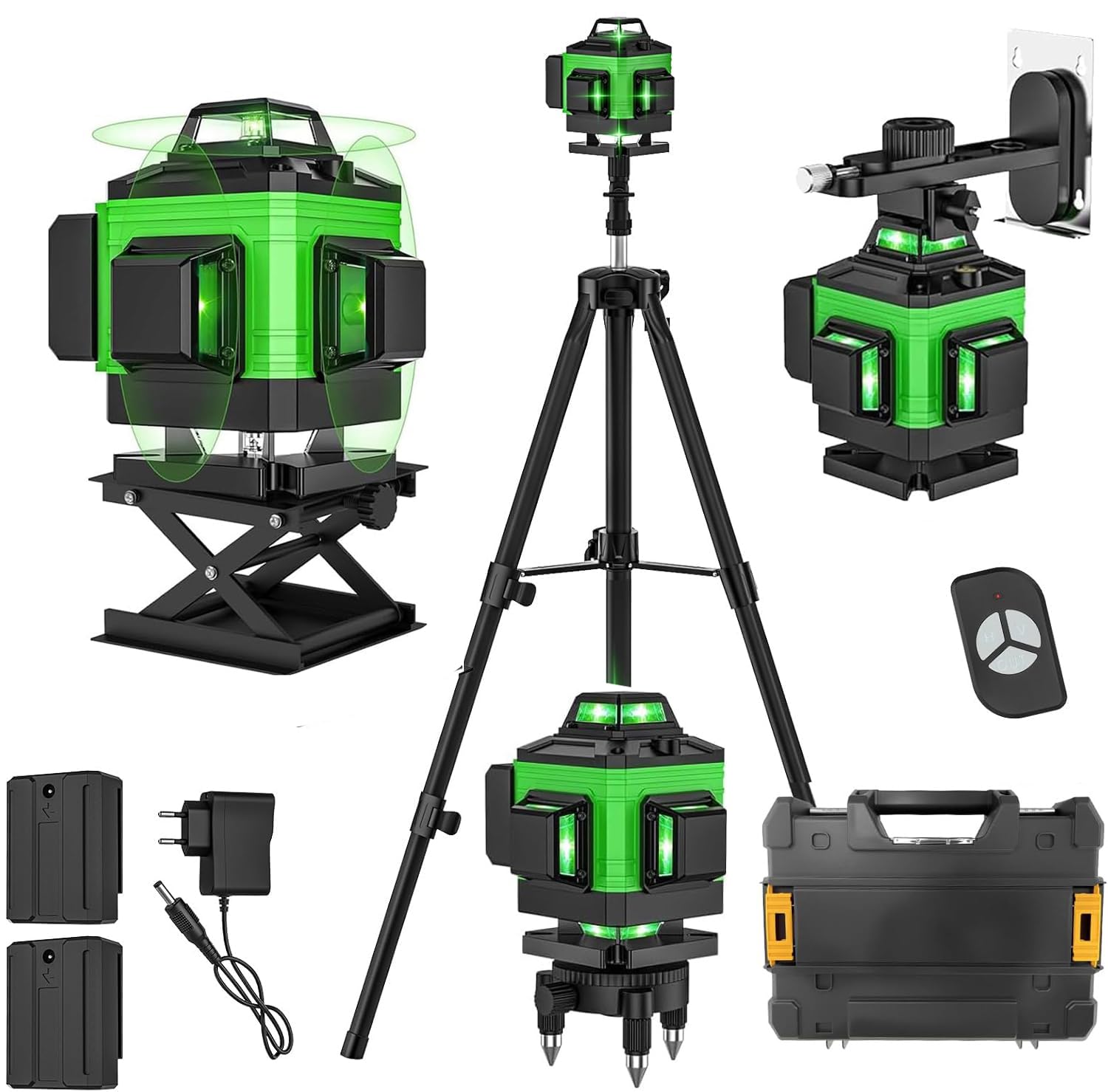 4 x 360° Laser Level, 4D 16Line Green Lazer Level, Self-Leveling 360 Lasers Levels, Horizontal & Vertical Laser, Remote Control, Rechargeable Battery 2 * 2600 MAh (with Tripod)