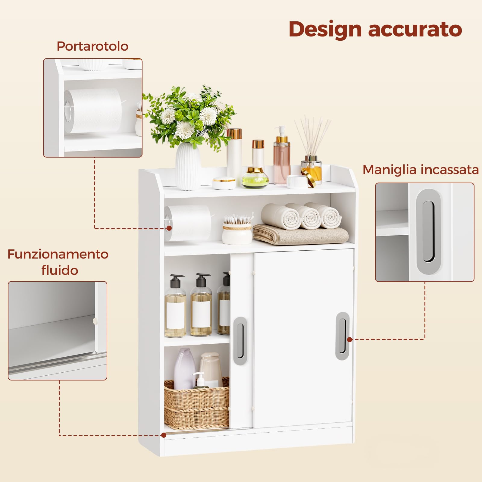BEWISHOME Mobile da Bagno,Mobiletto Bagno Salvaspazio con Ante Scorrevoli,Maniglie Incassate,Portarotolo e Ripiani Regolabili,Accanto al Water,20x60x80 cm,Bianco EYYG16W
