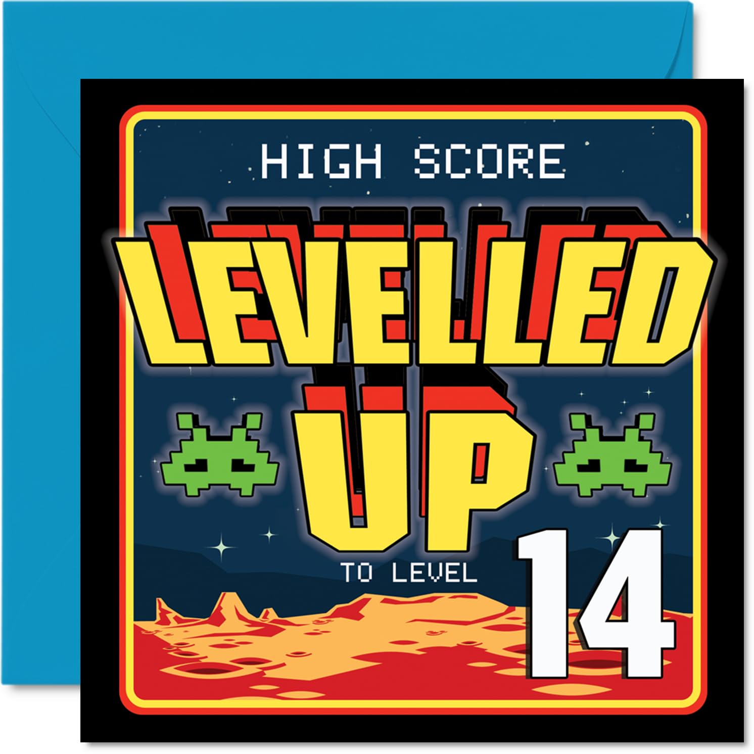 14th Birthday Cards for Boys Girls - Leveled UP - Happy Birthday Card for 14 Year Old Boy Girl Son Grandson Niece Brother, 145mm Bday Greeting Cards