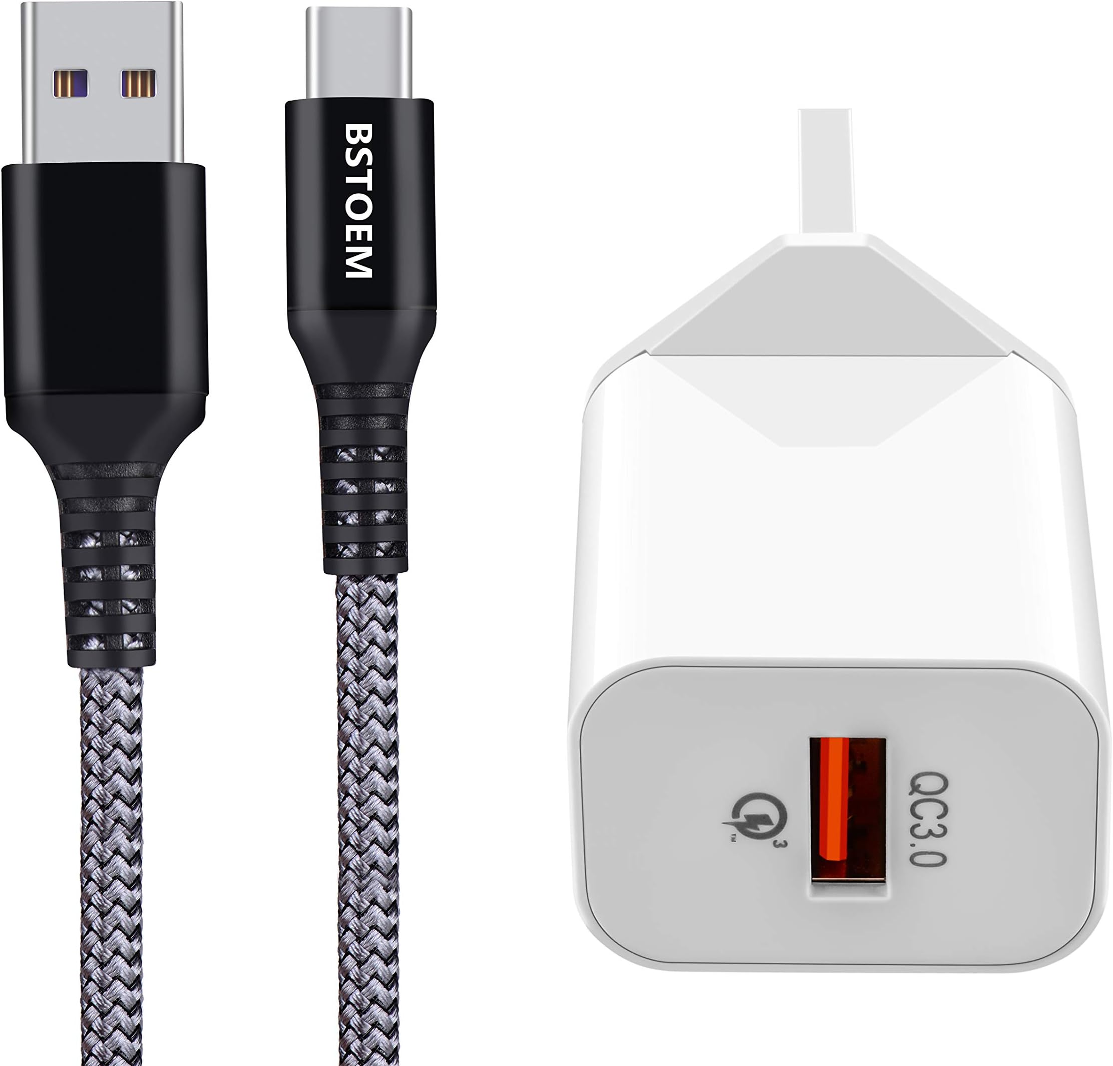 BSTOEM USB C Cable 1M And QC 3.0 Fast charger Type C Charger Cable Nylon Braided USB C Fast Charging Wire for Samsung Galaxy S10/S9/S8+/S8,Note 8/9,LG G5/G6,Sony,Google Pixel,OnePlus