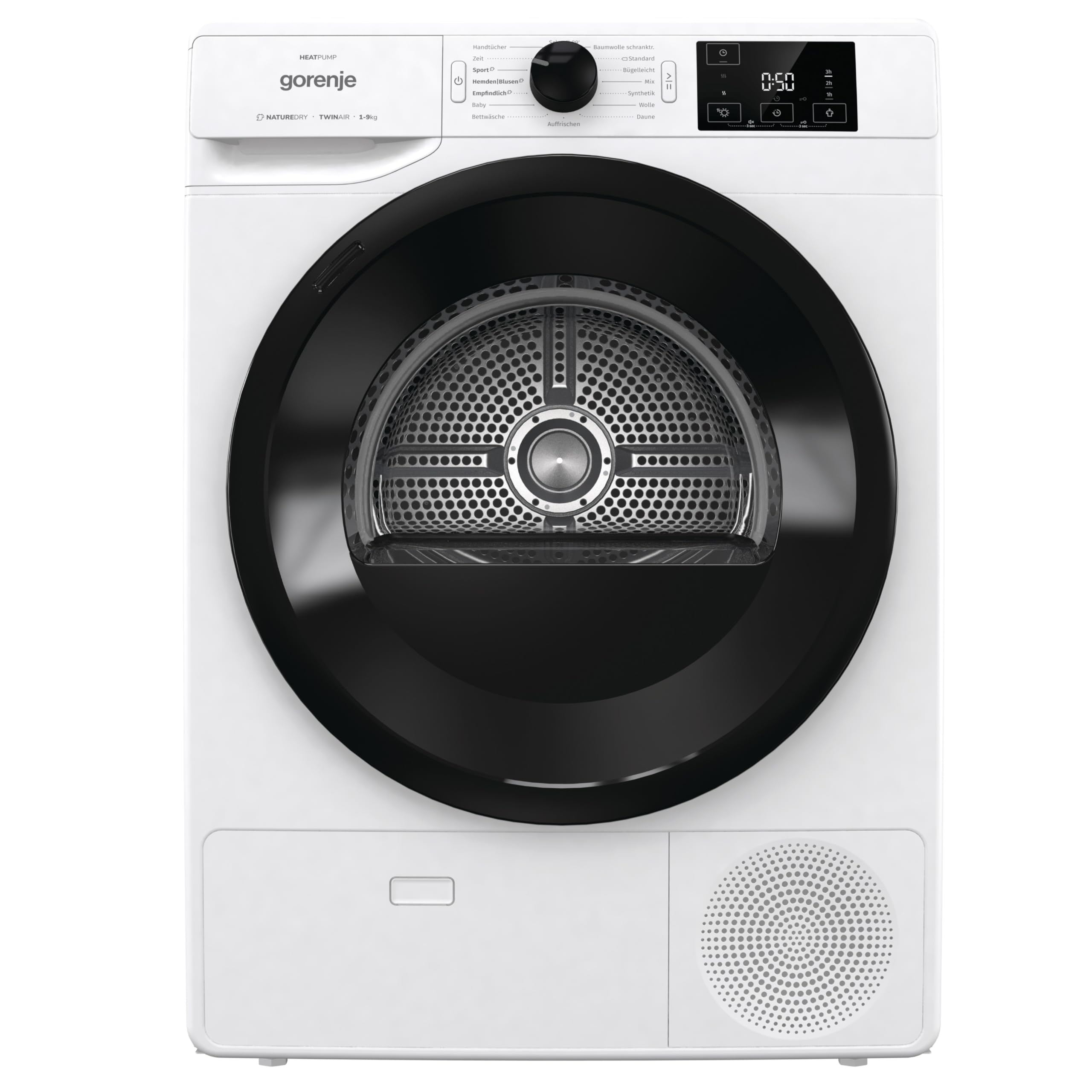 Gorenje DNE92/GN Wärmepumpentrockner, 9kg Kapazität, 16 Programme, Auto Drain, Made in EU, Nature Dry, Fast 89min, Twin Air, Sportprogramm, Daunenprogramm, Kindersicherung, weiß
