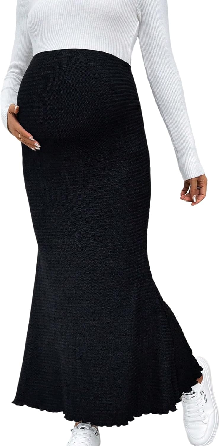 OYOANGLE Women's Maternity Textured Adjustable High Waisted Long Skirts Bodycon Fishtail Skirt