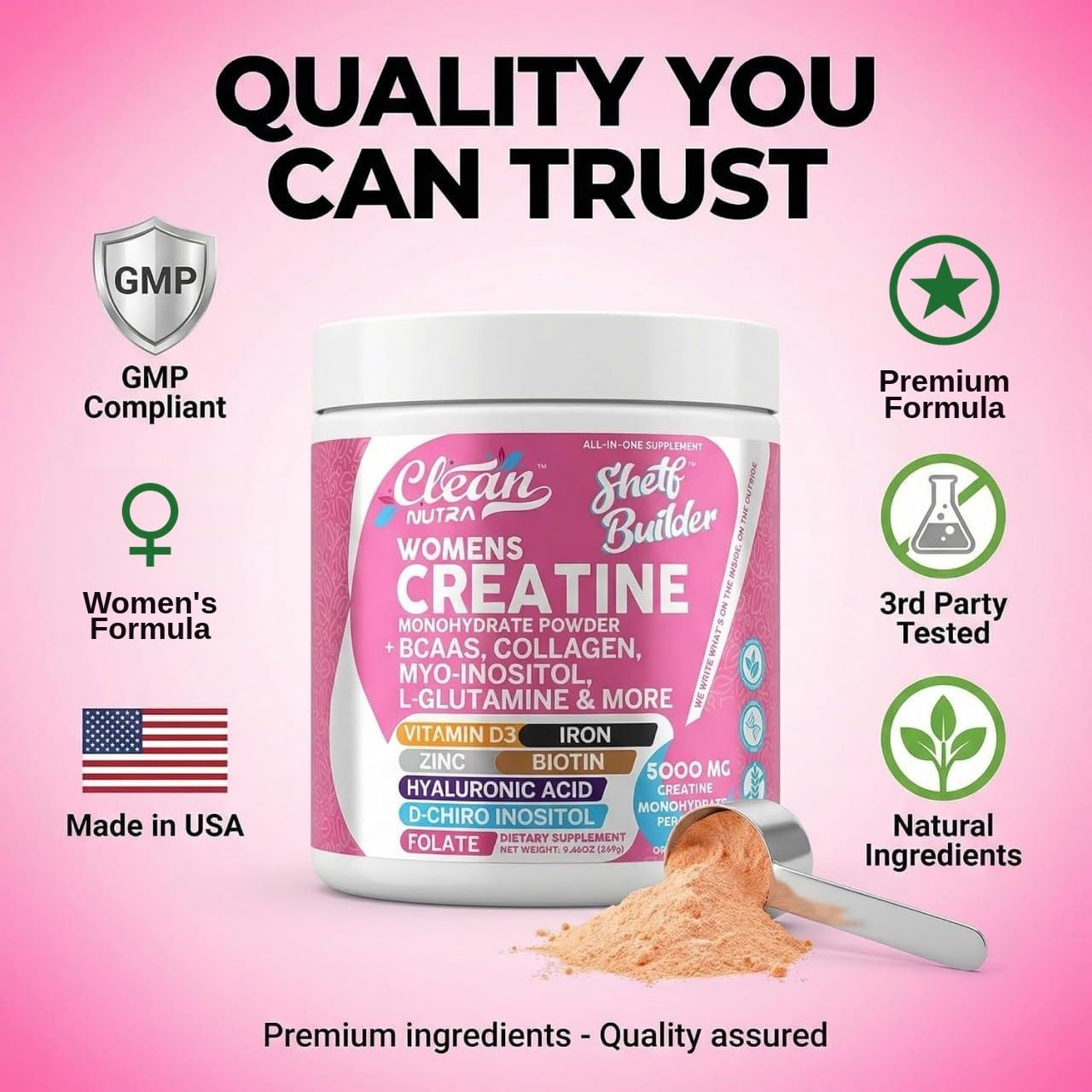 Creatine for Women | Creatine Monohydrate + BCAA Powder Myo-Inositol Collagen Biotin Hyaluronic Acid Folate L Glutamine Vitamin D3 Iron Zinc D-Chiro-Maca Digestion Shelf Builder By Clean Nutra — Amazon image 6