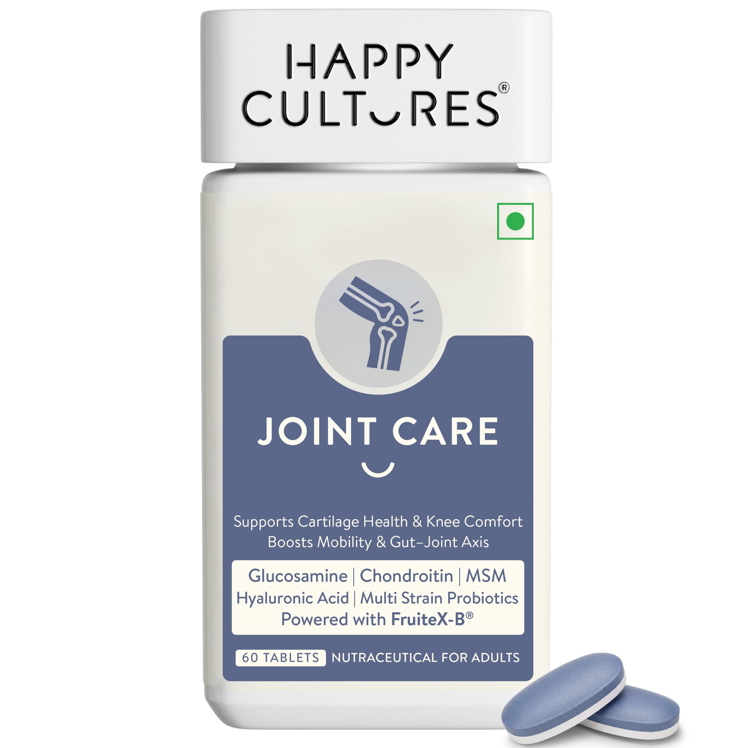 Happy Cultures Joint Care With Vit D3 & K2 60 Tablets| Support Cartilage health & Knee comfort | Boosts mobility & Gut -joint axis | Glucosamine | MSM | Fruit X-B| Chondroitin | Hyaluronic Acid| Probiotics-picture-35