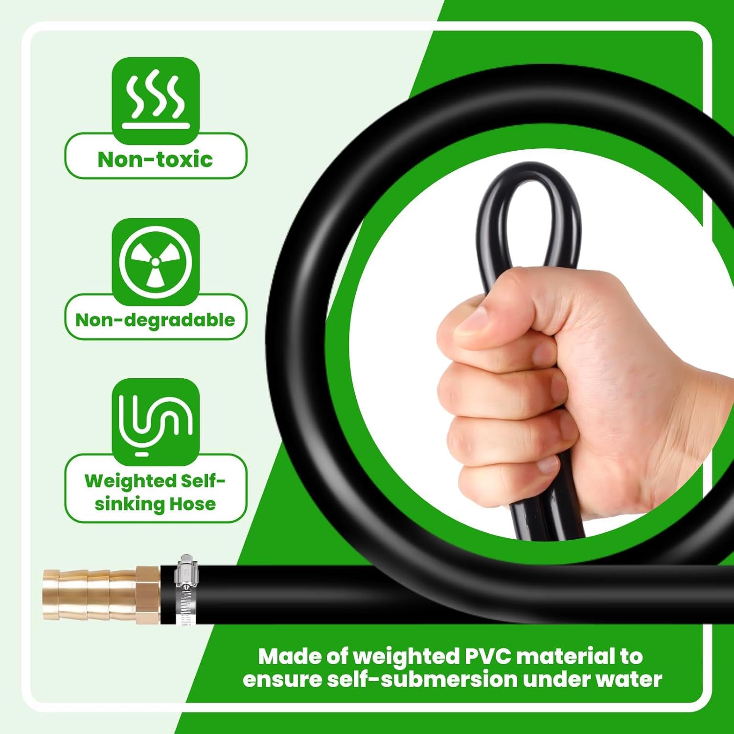 125Ft Self Sinking Aeration Hose, 4 Stainless Steel Clamps & 4 Menders, Heavy Duty No Kink, Weighted Air Hose for Garden Pond Swimming Pool Aquaculture Non-Toxic