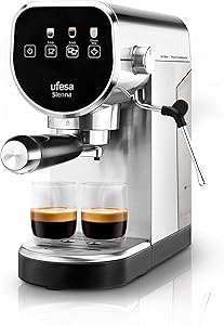 Ufesa Sienna Espresso and Cappuccino Coffee Maker, Pressure 20 Bars, Digital Touch Panel, 1360W, Steerable Vaporizer, 0.9…