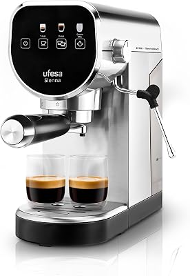 Ufesa Sienna Cafetera Espresso y Capuccino, Presión 20 Bares, Panel Táctil Digital, 1360W, Vaporizador Orientable, 0.9L, 1 o 2 Cafés, Función Calienta Tazas, Sistema Thermoblock, Inox
