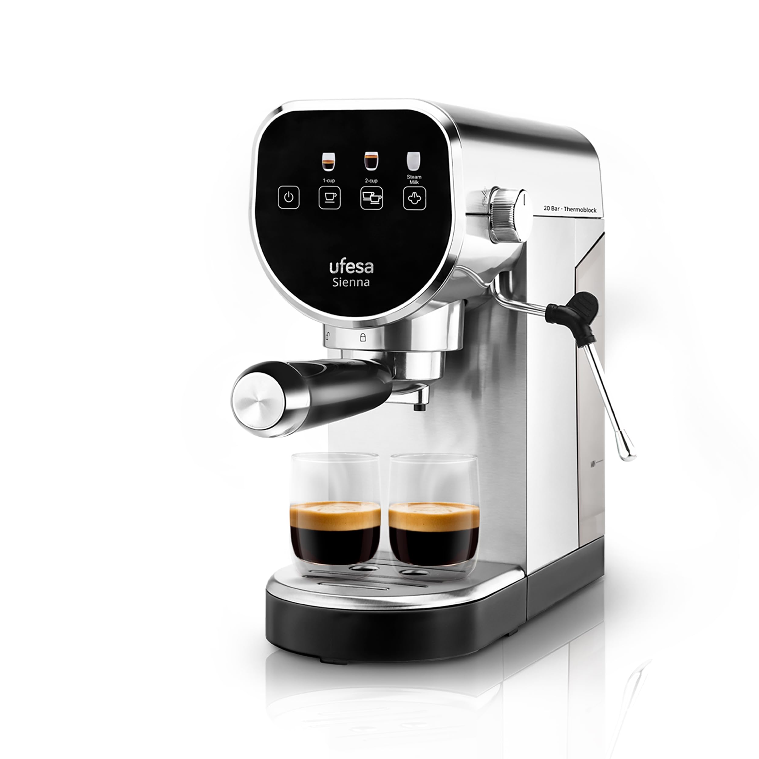 Ufesa Sienna Espresso and Cappuccino Coffee Maker, Pressure 20 Bars, Digital Touch Panel, 1360W, Steerable Vaporizer, 0.9L, 1 or 2 Coffees, Heating Function Cups, Thermoblock System, Stainless Steel