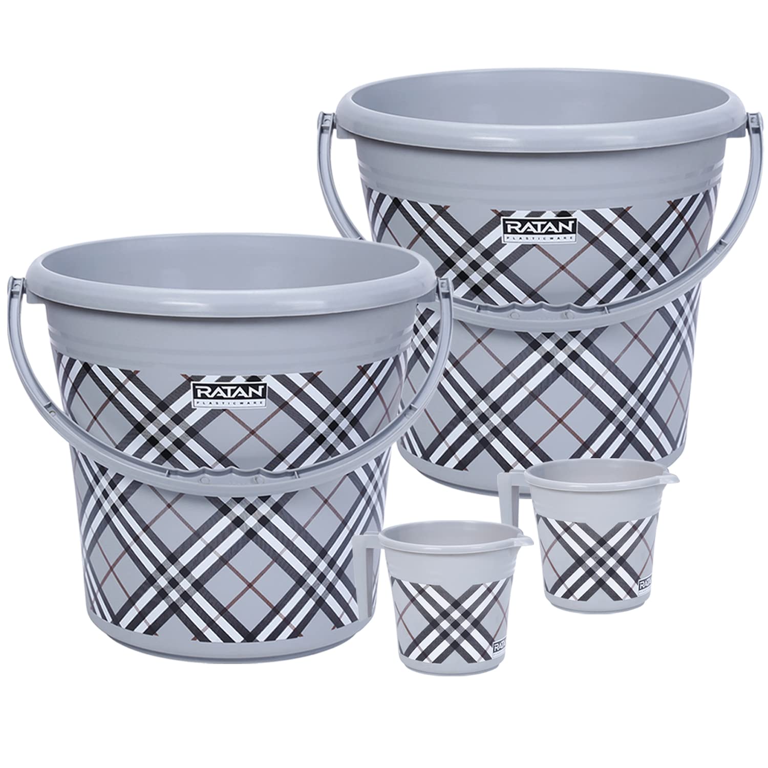 Ratan Plastics Frosty Checks Print Pack of 4 Bathroom Set (20L Bucket x 2/1.5L Mug x 2) - Grey (B09TZWHKP5) Amazon Price History, Amazon Price Tracker