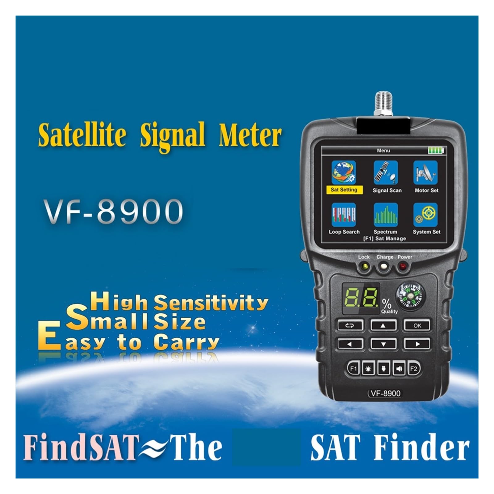 Détecteur de Satellites, VF-8900 Détecteur d'étoiles Haute définition Récepteur TV Satellite DVB-S2 avec Lampe Torche et Boussole VS V8 Finder Pro 2 WS6933