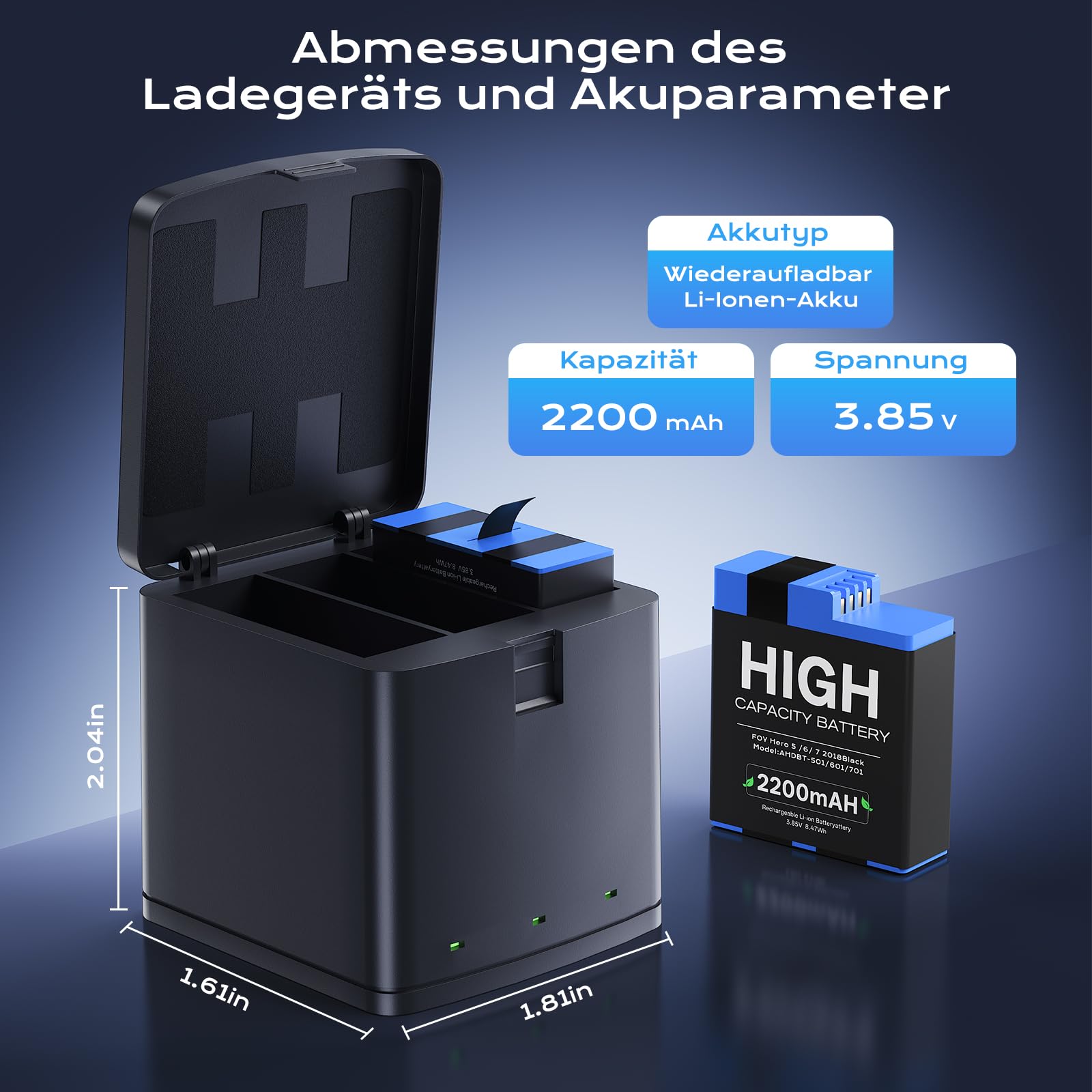 Akku Ladegerät Sets für Go Pro Hero 8, 7, 6, 5, 3-Kanal-Ladegerät und 3er-Pack 2200mAh Lithium-Ionen Wiederaufladbare Ersatzakku mit Hoher Kapazität für GoPro Hero 8 Black, 7, 6, 5 Kamera