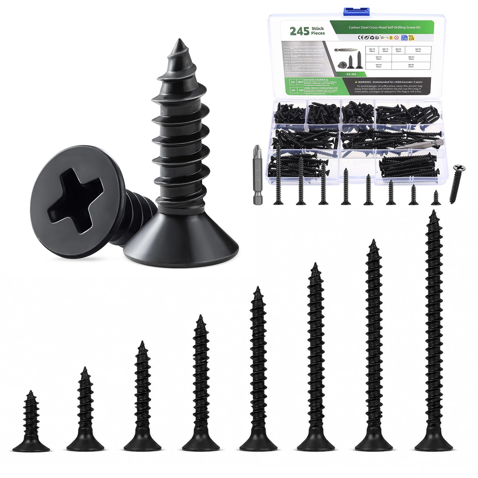245 Pcs M4 Self Tapping Screws for Wood Screws Assortment, Small Assorted Cross Flat Head Screw Set Mixed for Door Handles Kitchen Cabinet Wood Fastening(Black)