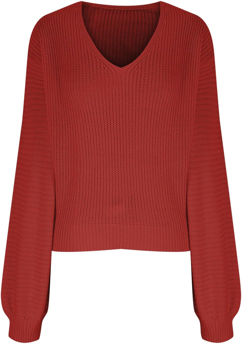 Women's Solid Knit Cable Sweater Casual Long Lantern Sleeve Pullover V Neck Knitted Tops Oversized Trendy Tops