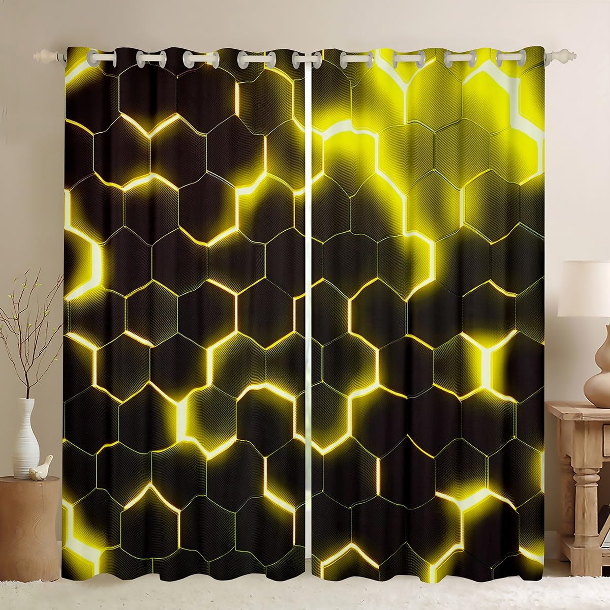 Homewish Modern Honeycomb 46 x 54 Inch Blackout Curtains for Living Room - Yellow Hexagonal Eyelet Curtains for Bedroom Dorm - Geometric Black Room Darkening Window Drapes 2 Panels — image 1