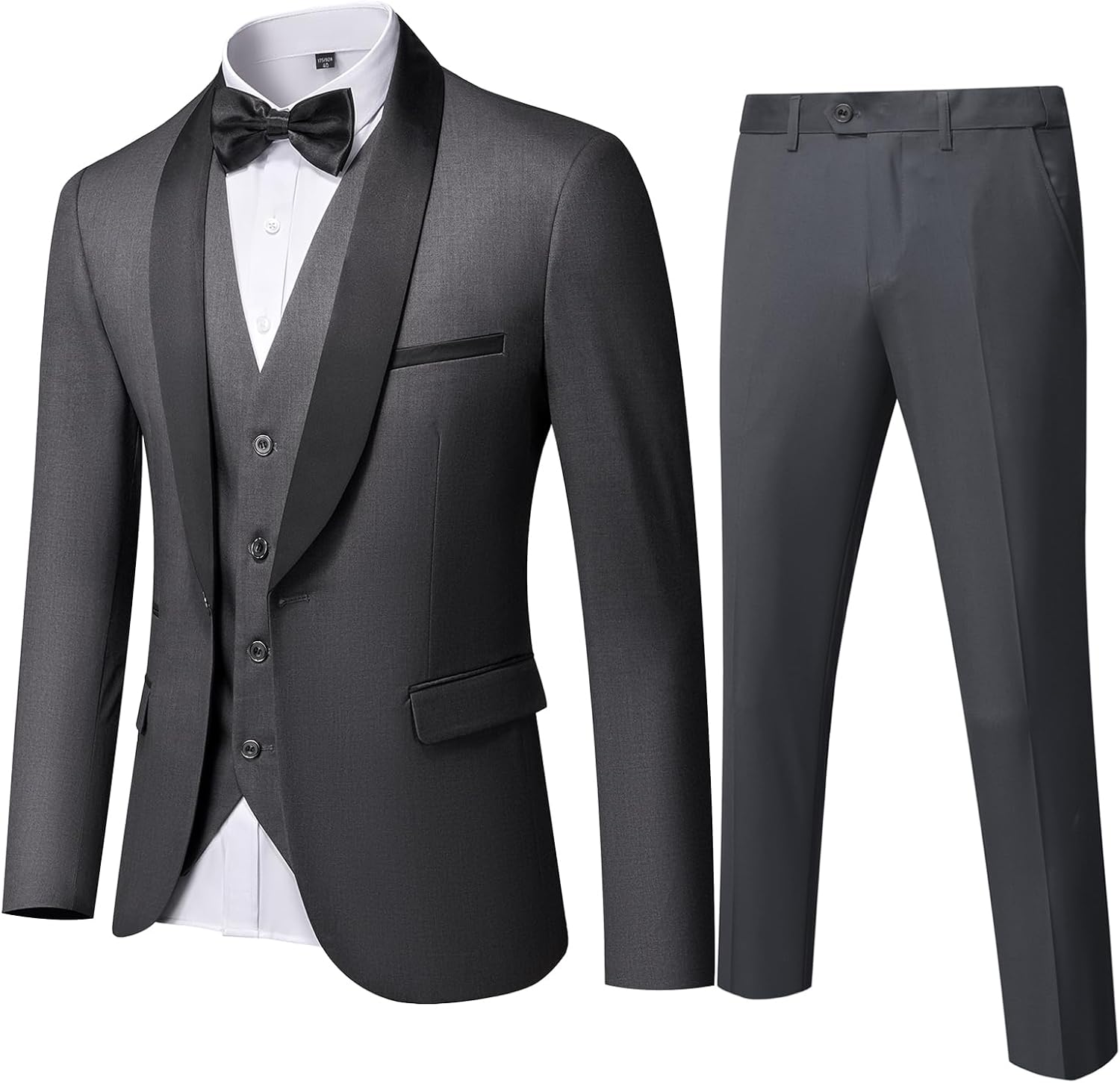 MY'S Mens 3 Piece Tuxedo Set with Bow Tie, Shawl Lapel One Button Jacket Vest & Pants, Slim Fit Suit Prom Party Wedding Tux