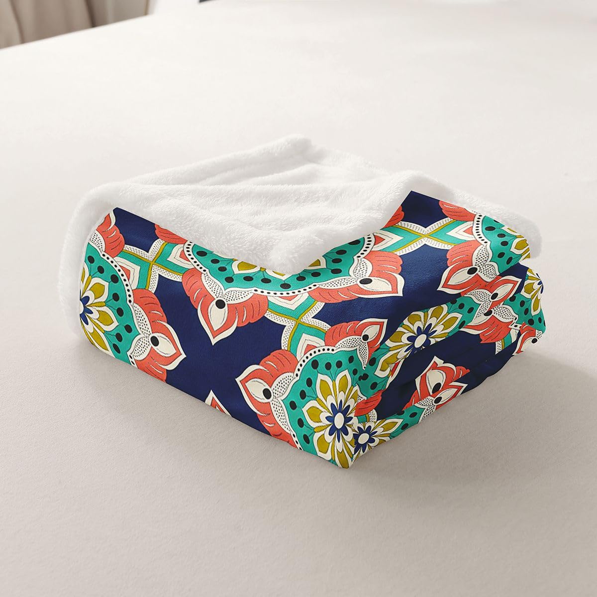 Homewish turkusowy boho kwiatowy puszysty pluszowy narzuta vintage mandala kwiaty polarowy koc hipisowskie kwiaty geometryczny patchwork szerpa koc - bohema plemienna etniczna estetyczna dekoracja